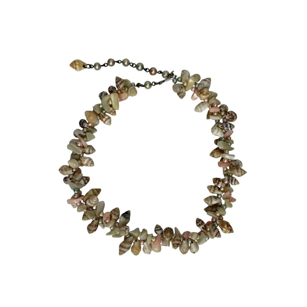 Vintage Pink Green‎ Beige Shell & Faux Pearl Necklace Beach Jewelry Vacationcore